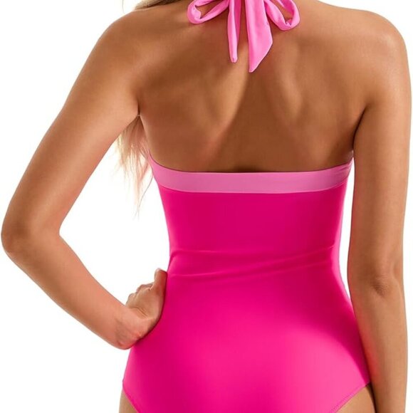 Women Sexy Tummy Control One Piece Swimsuit Halter Retro Bathing Suit - Picture 3 of 6